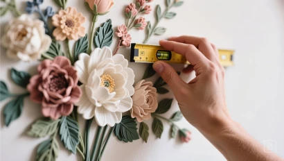 Hand nivelleert afgewerkt bloemstuk.