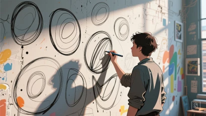 Illustratie van iemand die abstracte vormen schetst.