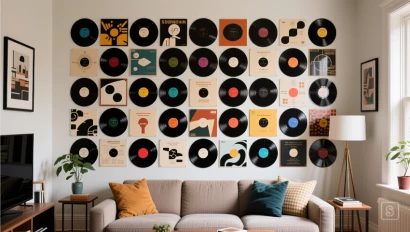 Woonkamer muur bedekt met vinylplaten.