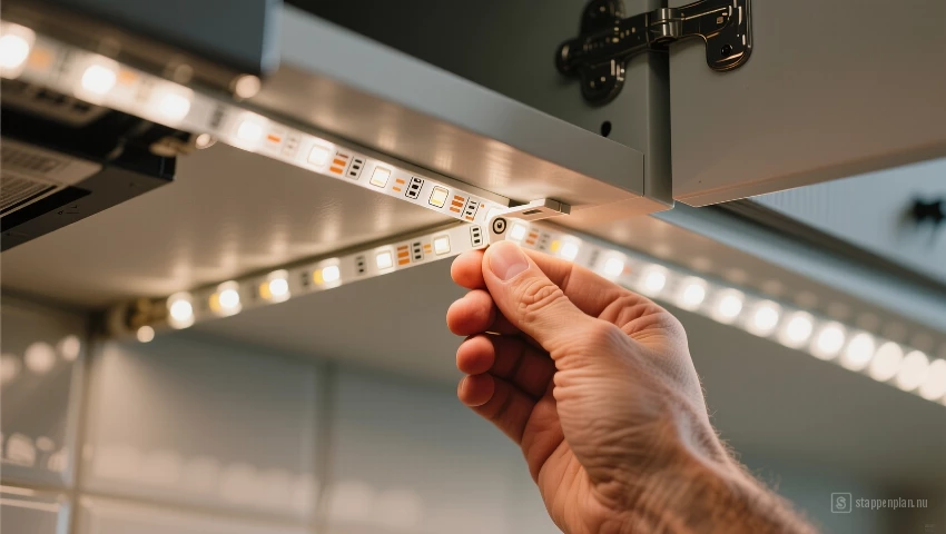 Hand bevestigt LED strip onder keukenkastje