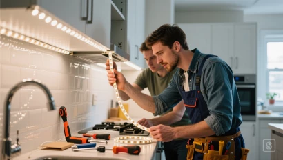 Twee personen verzamelen gereedschap voor LED installatie