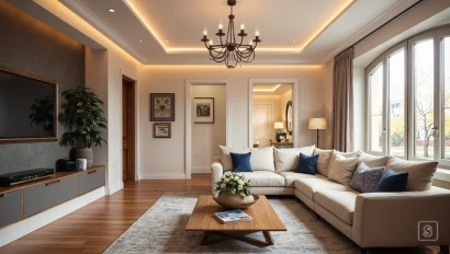 Sfeervolle woonkamer met moderne verlichting.