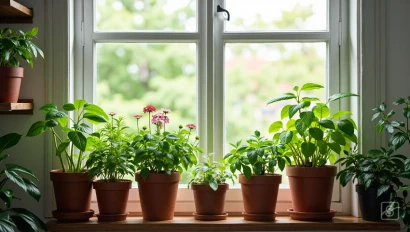 Een vensterbank vol kamerplanten.