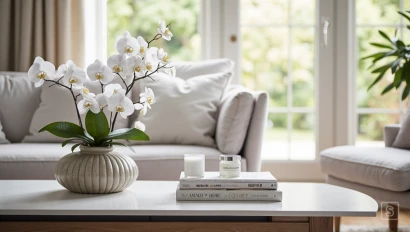 Woonkamer met minimalistische decoratie en witte orchideeën.