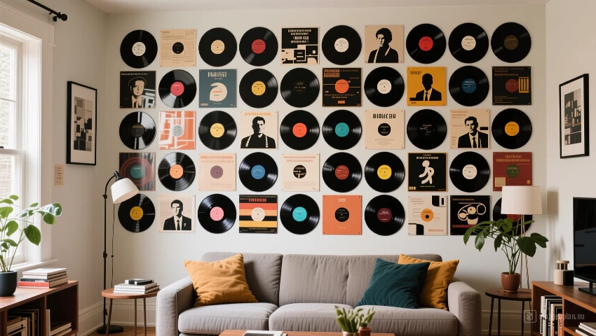 Woonkamer muur bedekt met vinylplaten.