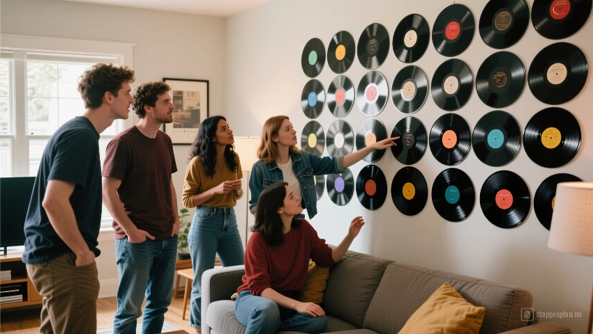 Groep vrienden bewondert unieke vinyl muurinstallatie.