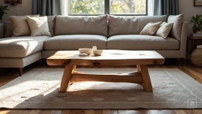 Een moderne woonkamer met een handgemaakte houten koffietafel.