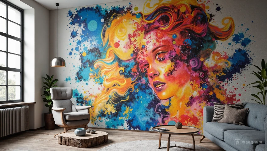 3D weergave van een voltooide muurschildering.