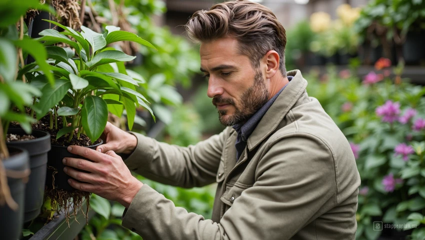 Man selecteert planten in een tuincentrum.
