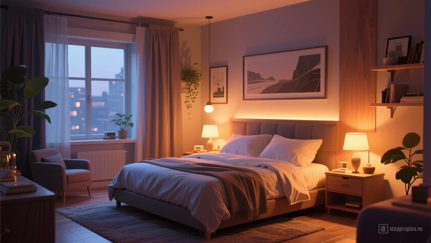 Illustratie van gezellige slaapkamer met warme verlichting