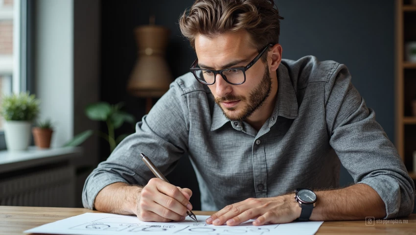 Man schetst ontwerp op papier.