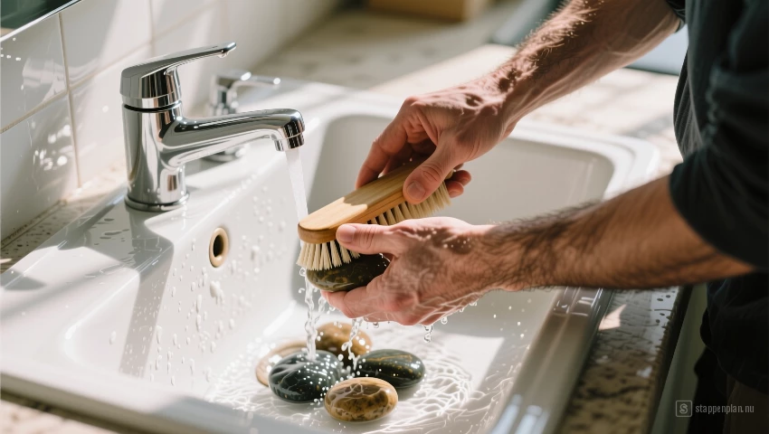 Man reinigt gladde stenen in een gootsteen.