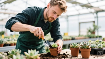 Man plant stekken van vetplanten in potten.