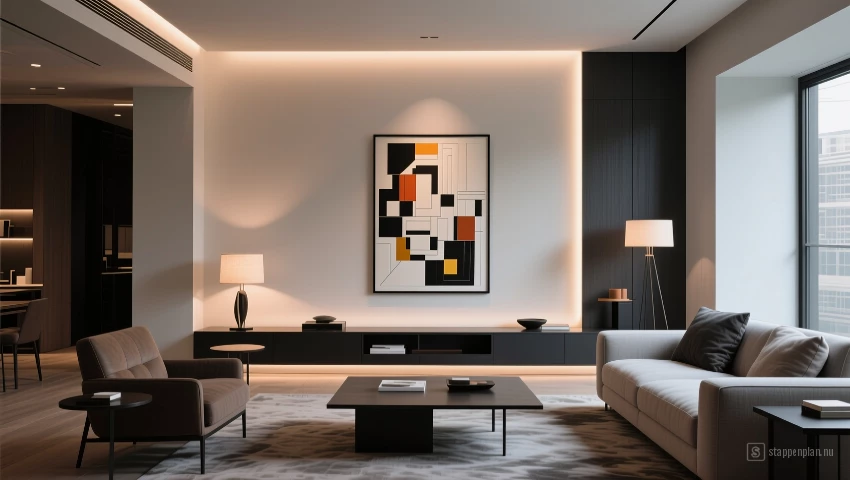 Woonkamer, accentverlichting op kunstwerk.