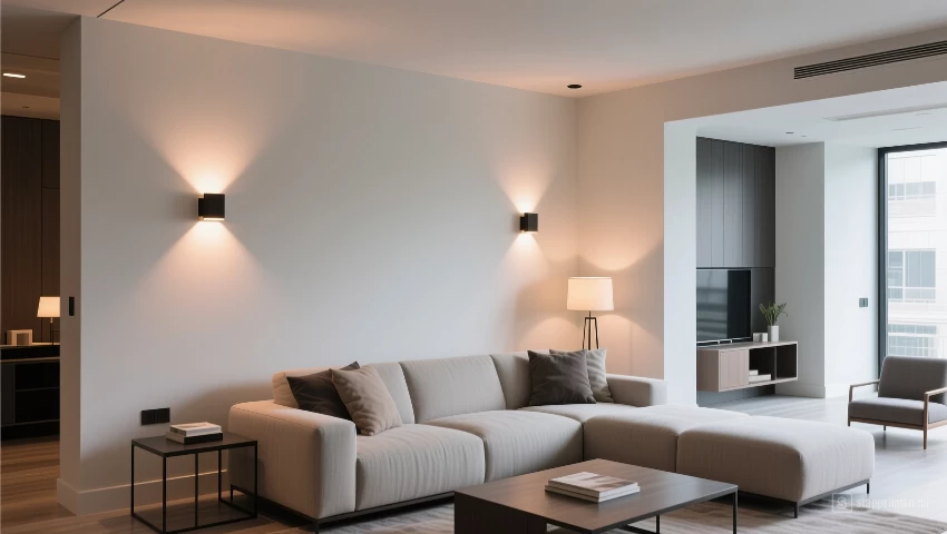 Woonkamer met wandlampen, ruimtelijk.
