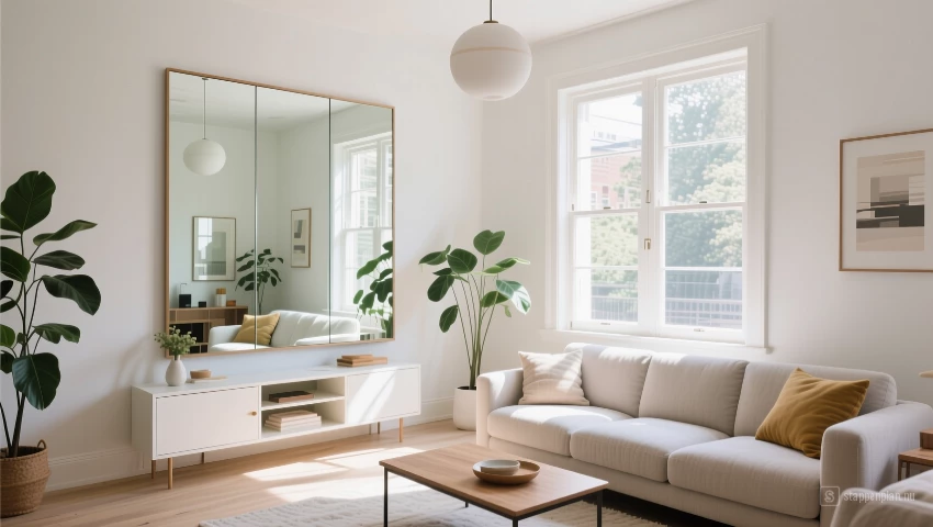 Woonkamer met spiegel, veel licht.