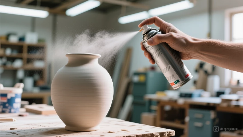 Keramieken vaas wordt geprimerd in werkplaats.