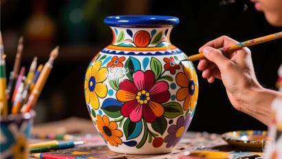 Ambachtsman schildert bloemenpatronen op vaas.