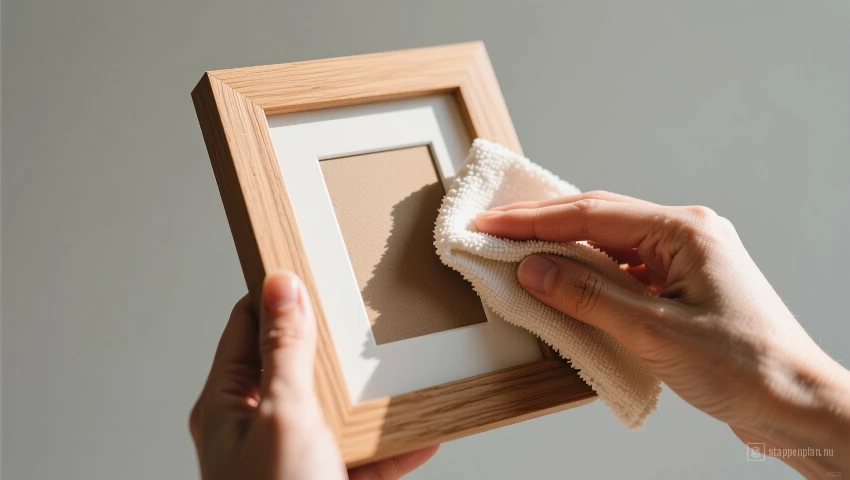 Houten fotolijst wordt schoongemaakt met een doek.