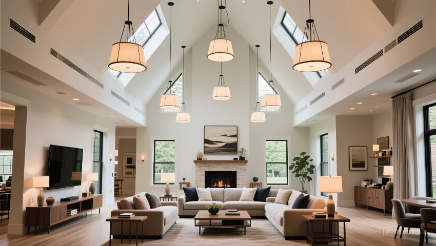 Woonkamer hoog plafond, hanglampen.