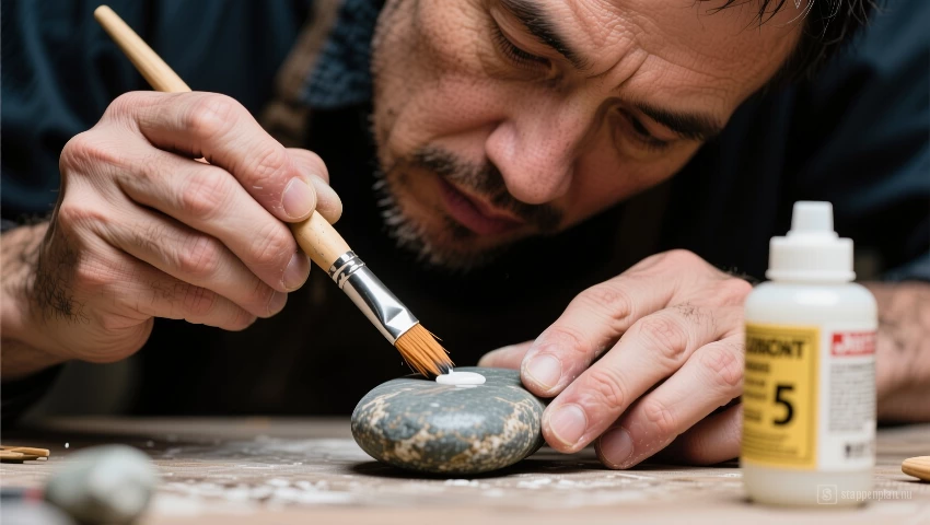 Man brengt lijm aan op een gladde steen.