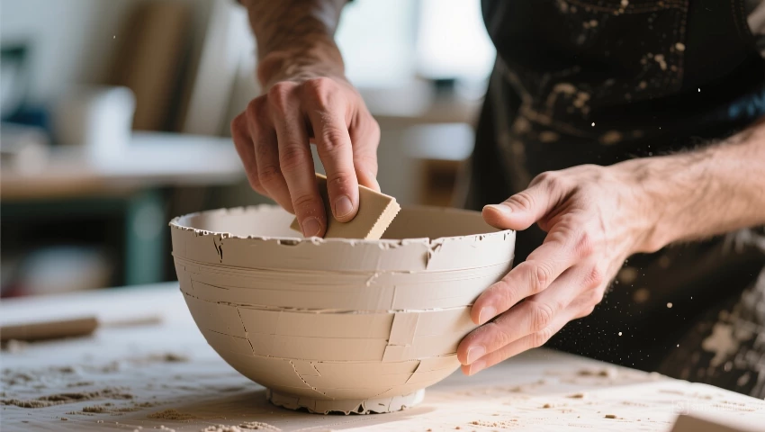 Handen schuren papier maché kom.