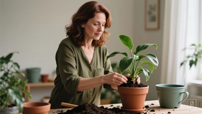 Vrouw bereidt zich voor om plant te verpotten met benodigdheden.