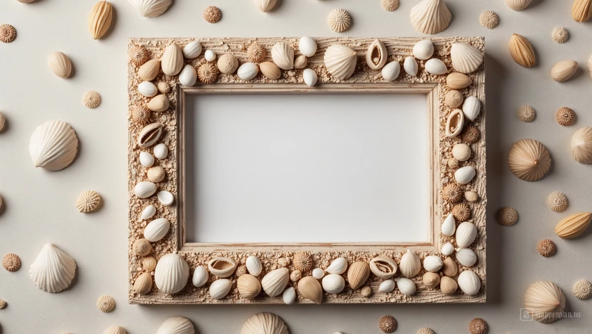 3D render van een fotolijst met schelpen en zand.