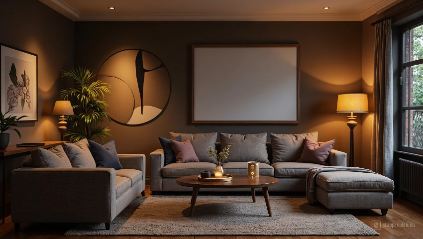 Gezellige woonkamer, gedimd licht.