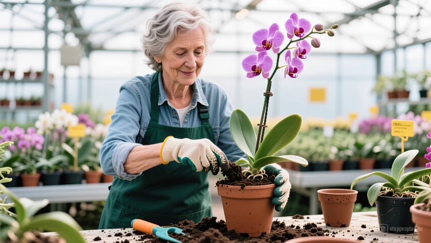 Vrouw repot orchidee in de kas.