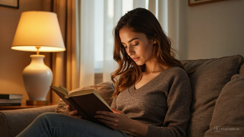 Vrouw leest boek bij warme verlichting