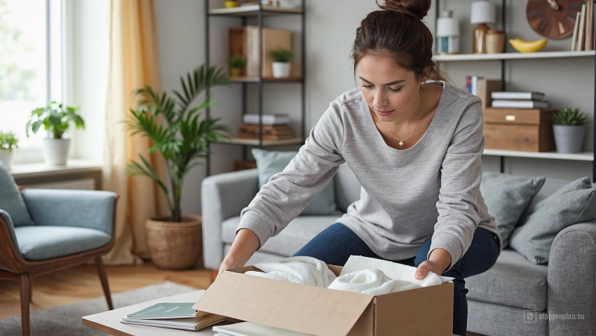 Vrouw organiseert woonkamer.