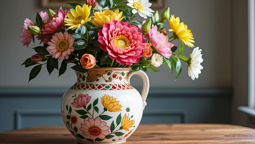 Dichtbij van vaas met verse bloemen.