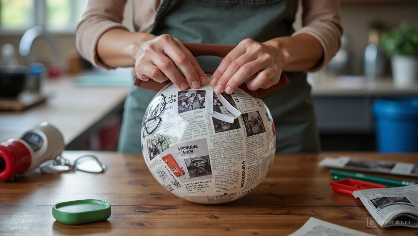 Handen plakken krantenstroken op een ballon.