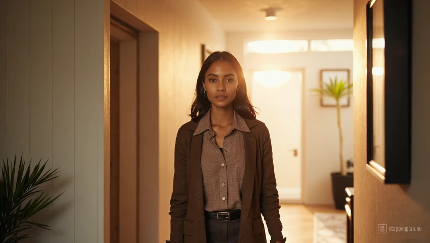 Vrouw komt huis binnen bij helder licht