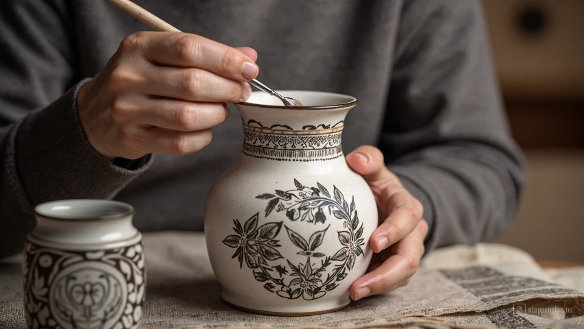 Kunstenaar voegt details toe met stencil en penseel.