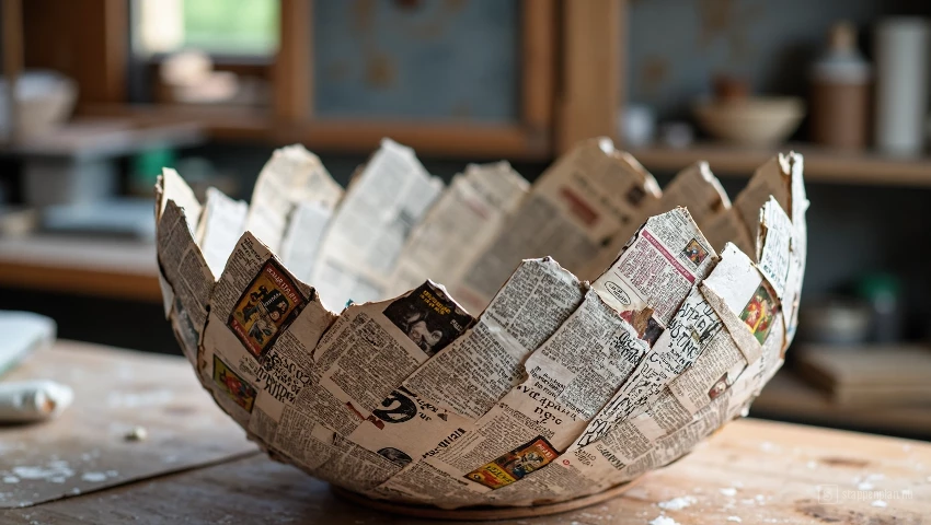 Half afgewerkte papier maché kom met meerdere lagen.