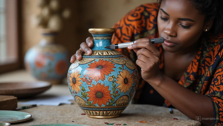 Ambachtsman brengt vernis aan op keramieken vaas.