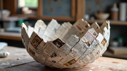 Half afgewerkte papier maché kom met meerdere lagen.