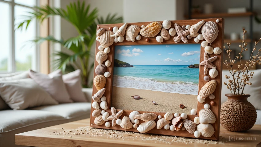 Woonkamer met een fotolijst met strandfoto.