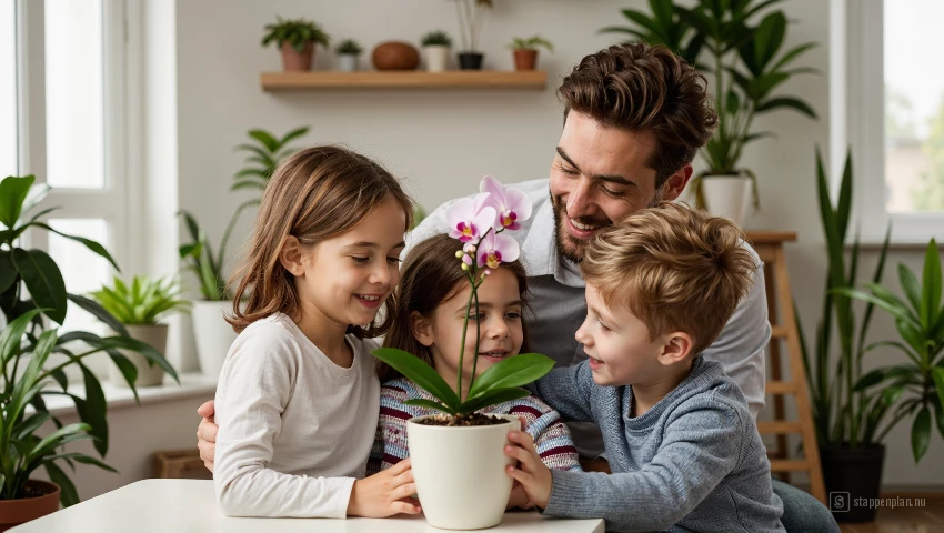 Familie bekijkt het gieten van de orchidee.