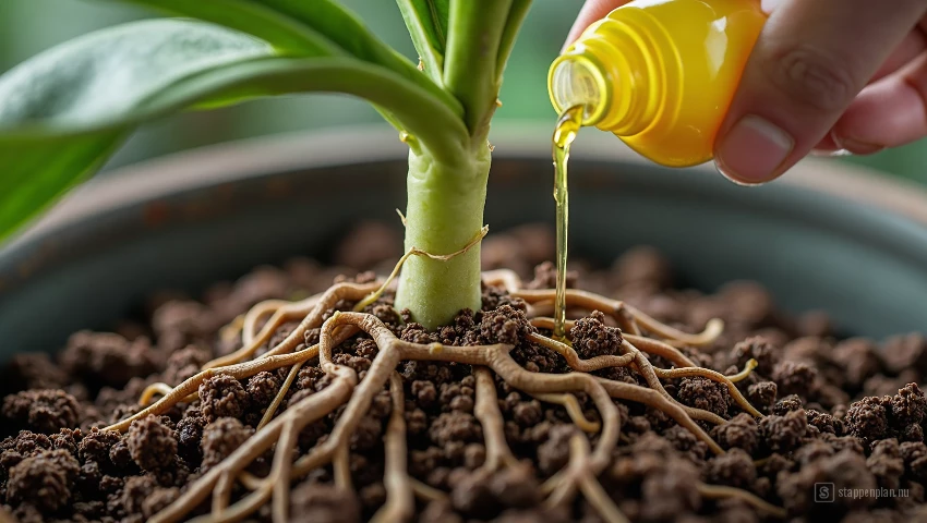 Macro shot van wortels die meststof opnemen.