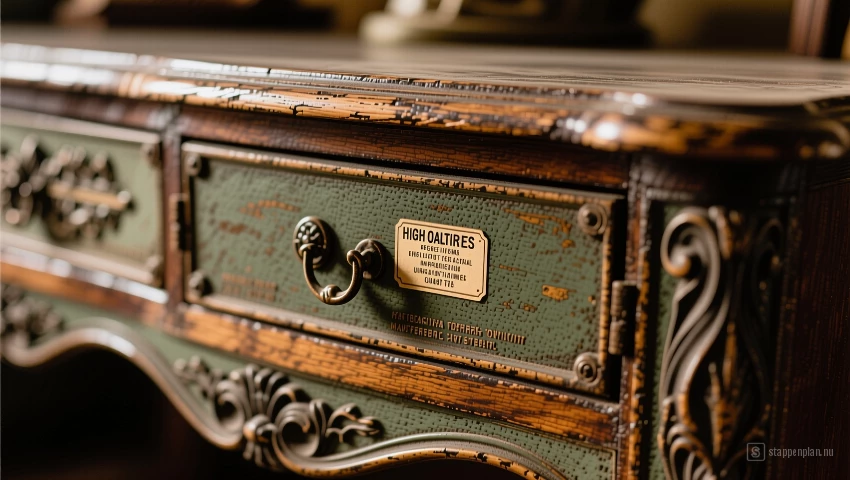 Vintage meubel met merklabel.