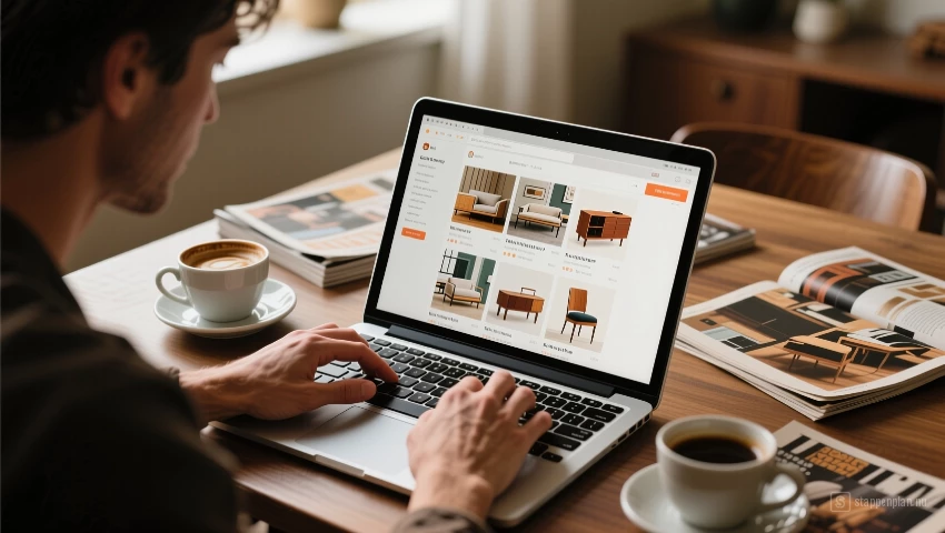 Persoon zoekt vintage meubels op laptop.