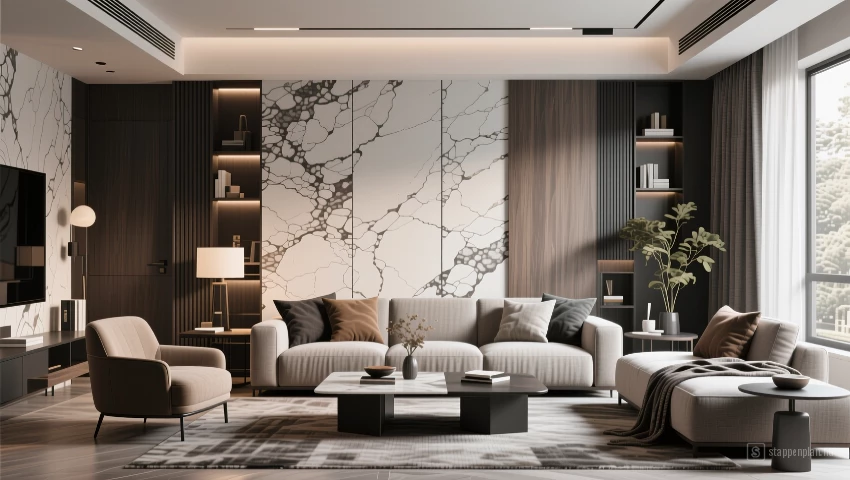 3D weergave van een woonkamer met textuur en materiaal.