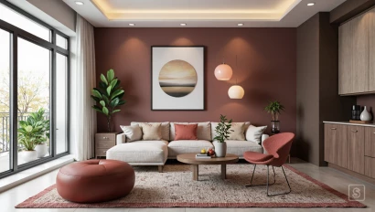 3D weergave van een woonkamer met een specifieke stijl.