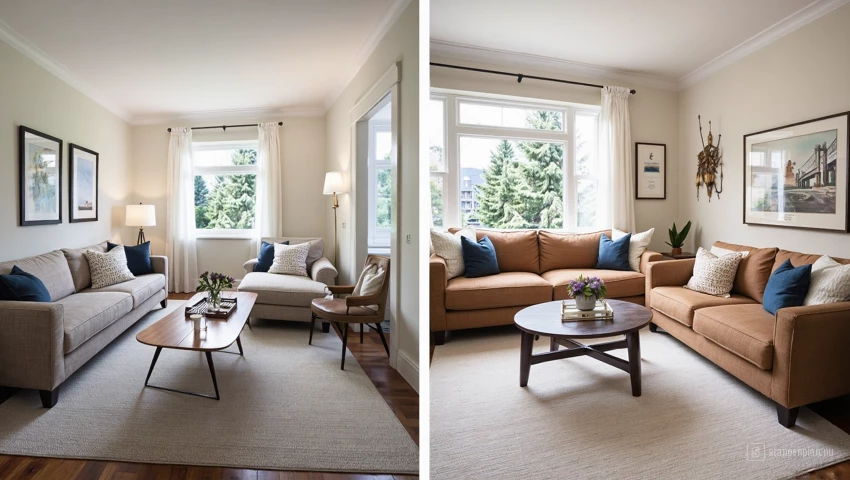 Vergelijking van een woonkamer met en zonder evenredige meubels.