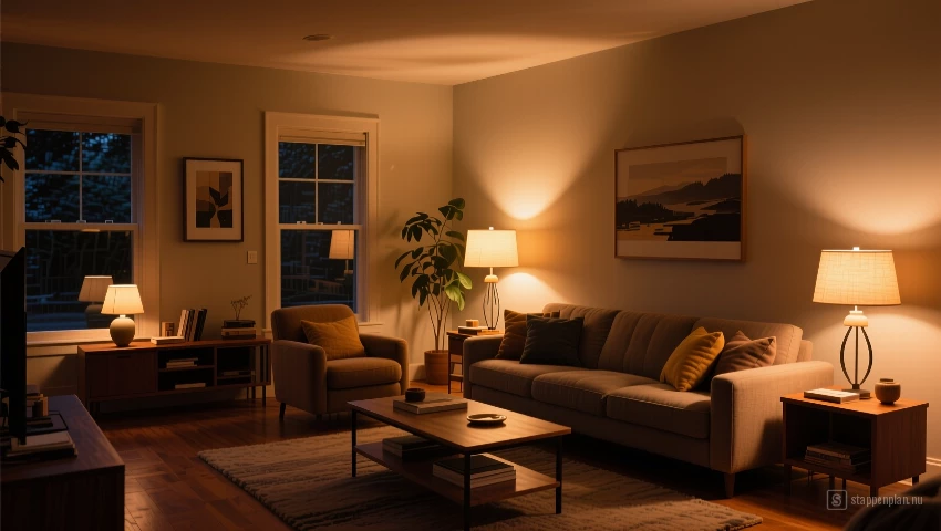 Woonkamer met verschillende soorten verlichting en sfeer.