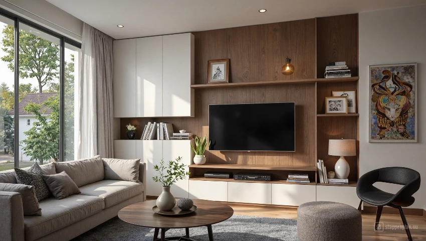 Sfeervolle foto van een woonkamer met functionaliteit.