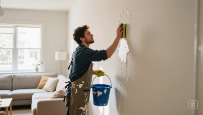 Persoon maakt muur schoon voor het aanbrengen van behang.